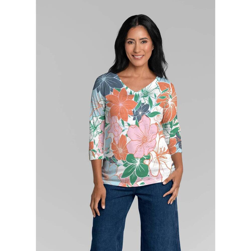 NEW WHIMSY ROSE signature 3/4 sleeve v-neck top in polly multi